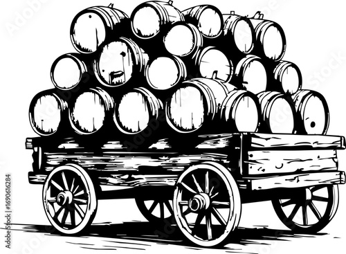 Transporting barrels by wagon rural setting vintage rustic environment side view craftsmanship and industry