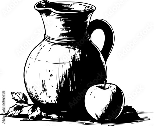 Artistic still life of a pitcher and apple studio setting black and white classic design close-up view timeless beauty