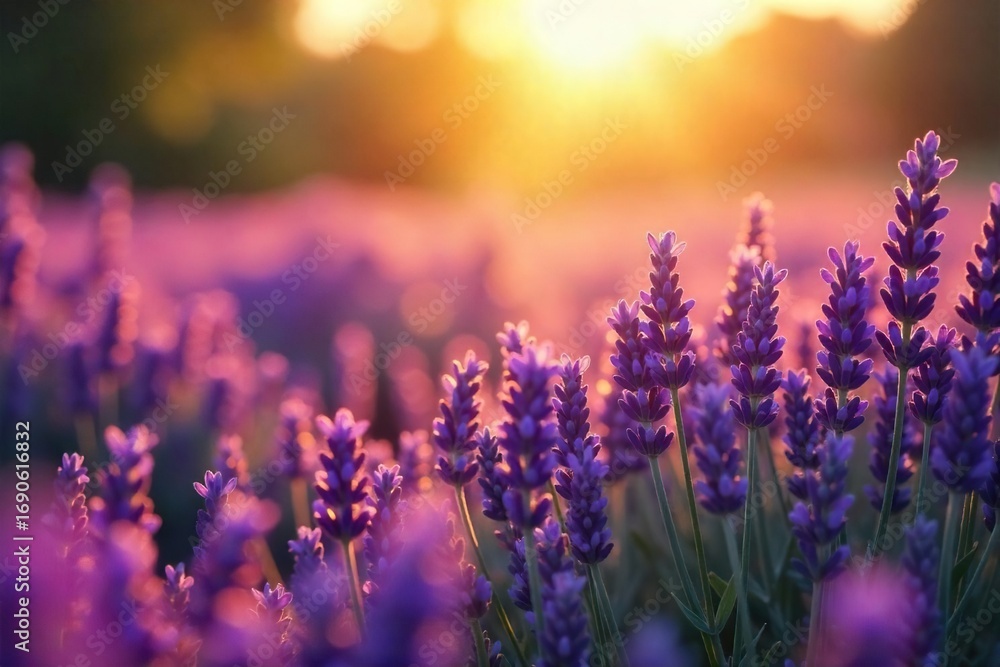 Naklejka premium Golden hour sunlight bathes a field of lavender, creating a dreamy, hazy, and romantic atmosphere Perfect for relaxation, spa, and beauty themes , fragrance, light, floral