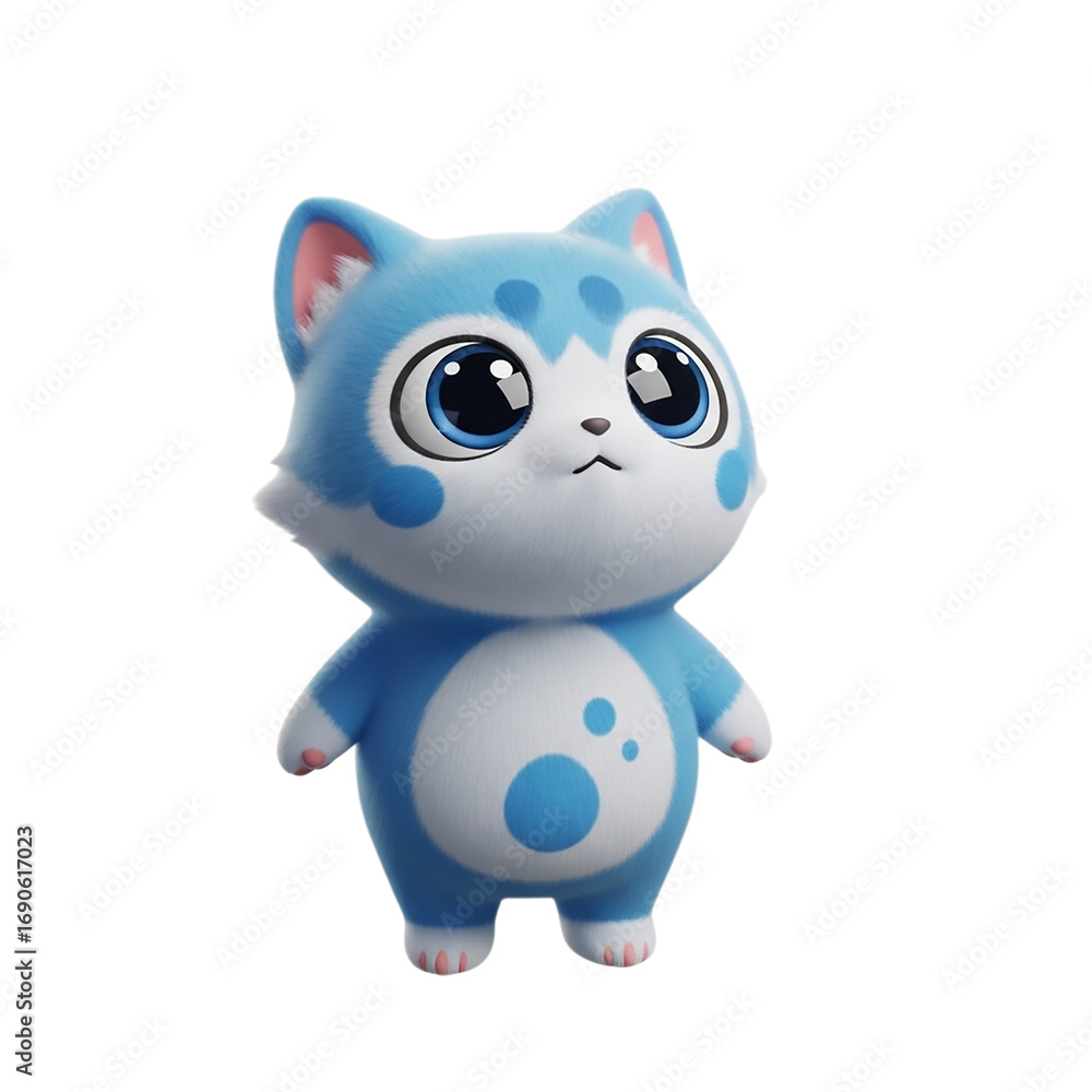 Fototapeta premium Adorable blue and white cartoon cat character with big expressive eyes digital art transparent background