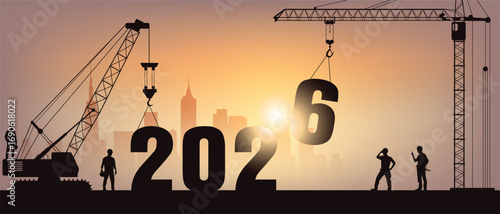 2026 New Year Construction Concept with Cranes and Workers