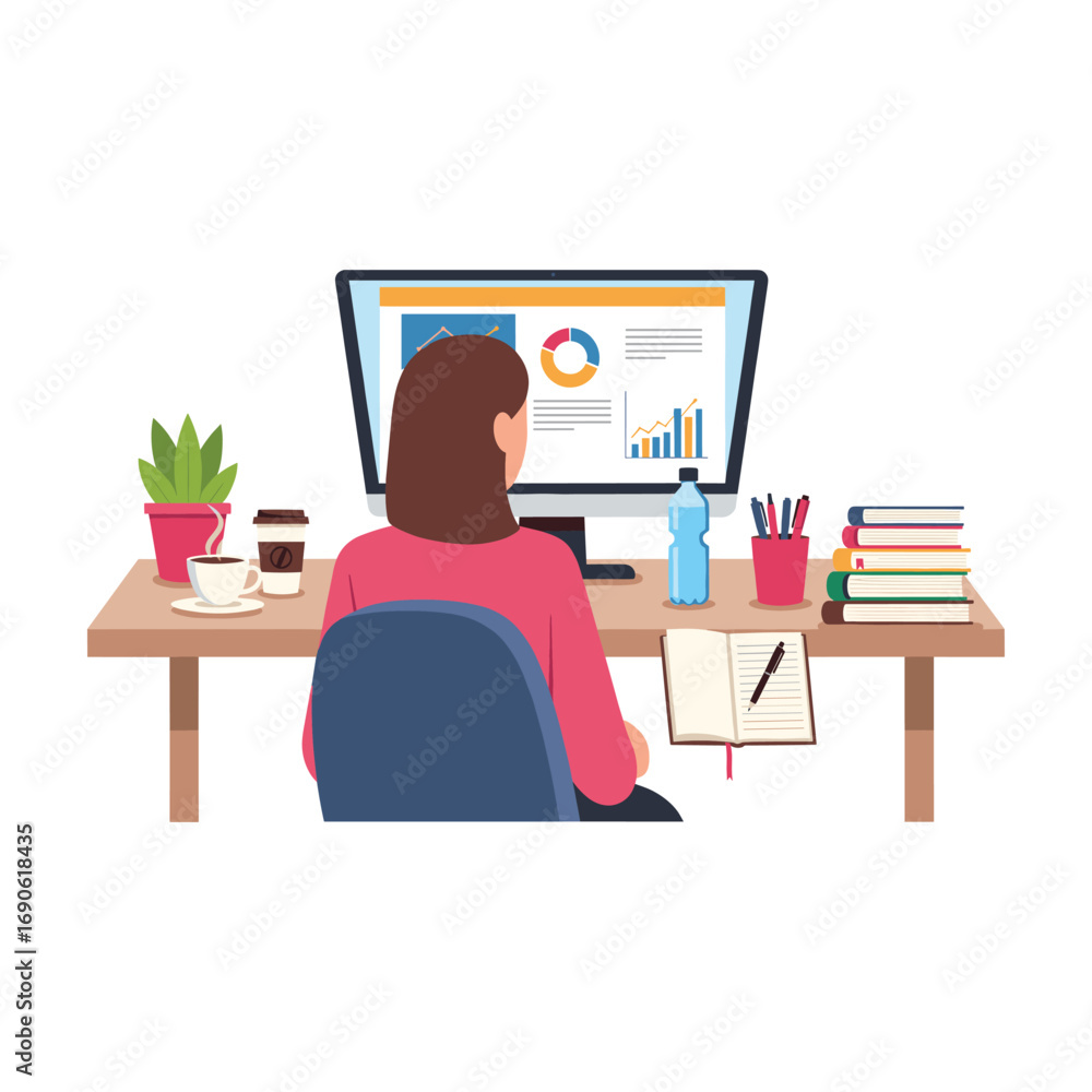 Fototapeta premium Woman Working from Home Office Desk, Analyzing Data Charts