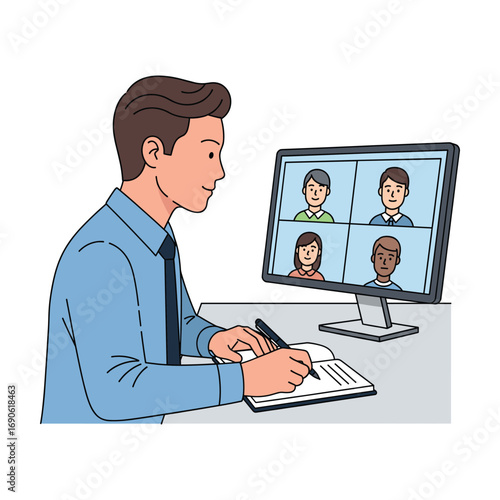 Businessman taking notes during a diverse team video conference call.