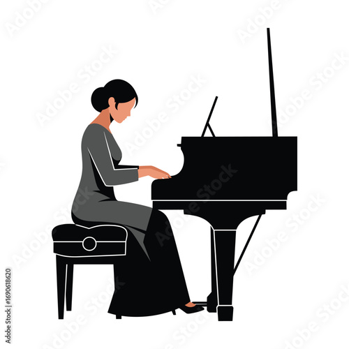 Elegant Woman Playing Grand Piano:  Stylish Black and Gray Silhouette