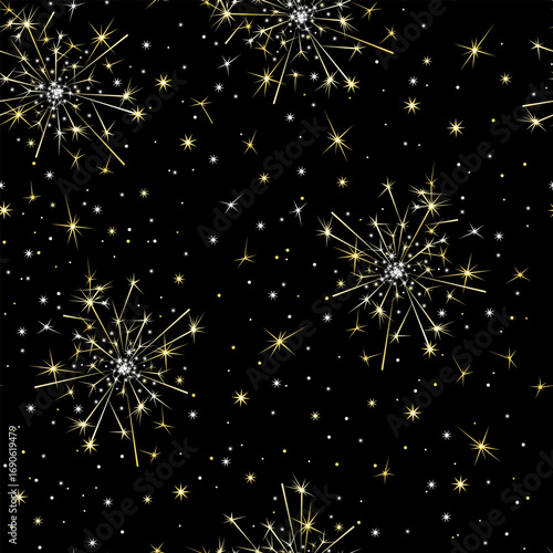 Seamless pattern with sparklers and stars on dark background. Vector cartoon flat illustration.