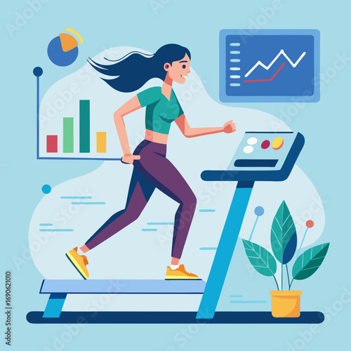Woman running on treadmill with data charts in background