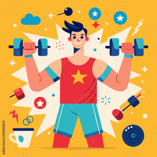 Man lifting dumbbells with star and lightning elements