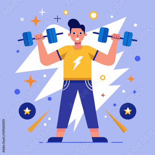 Illustration of a man lifting dumbbells with stars around