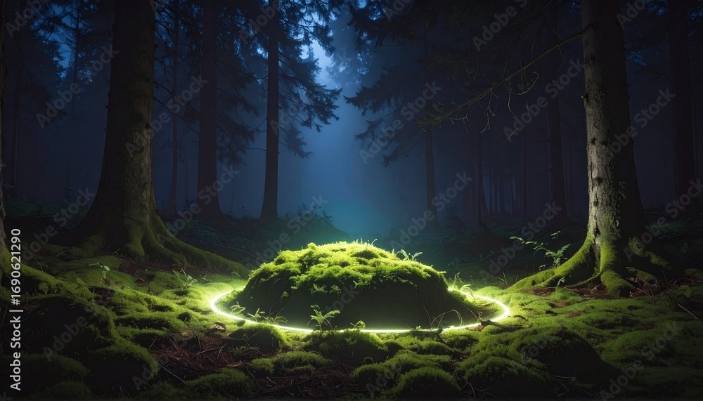 Fototapeta premium A mysterious glowing ring of light on the mossy ground of a deep, dark enchanted forest