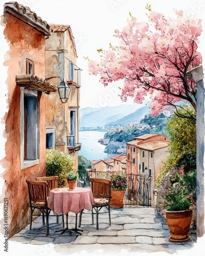 soft colored watercolor painting of a scenic café terrace in a coastal city in spring