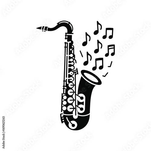 Stylized saxophone with musical notes illustration