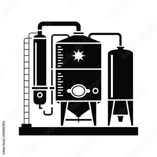 Industrial brewery equipment with tanks and distillation column