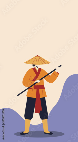 Traditional Asian figure in a conical hat and cultural attire holds a staff, embodying journey, culture, and heritage. Ideal for travel, lifestyle, or cultural themes.