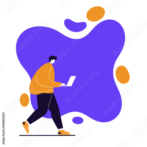 A man walking and working on his laptop against an abstract, fluid purple and orange background. Represents modern digital work, productivity, and online connectivity.