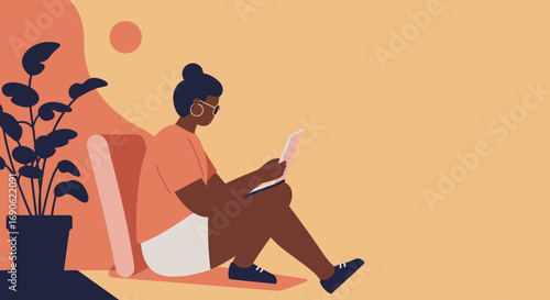 Relaxed young woman working or studying remotely at home, using her laptop in a comfortable, modern setting. Illustrates digital lifestyle and productivity.