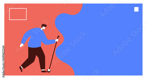 Illustration of a visually impaired person confidently walking with a white cane, representing independence and accessibility. Perfect for concepts of support, inclusion, and guidance.