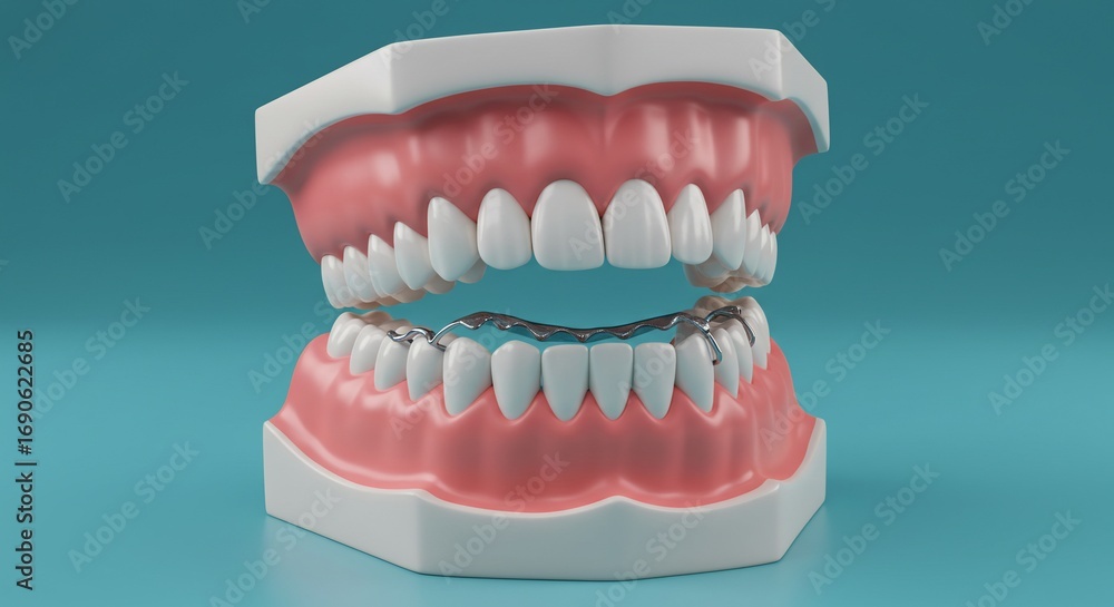 Obraz premium Dental model showing teeth with retainer on a blue background in a close up studio shot
