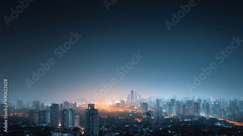 Dramatic cityscape at night, shrouded in a soft haze, with twinkling lights illuminating a dense urban sprawl. Evokes a sense of scale, progress, and modern life.