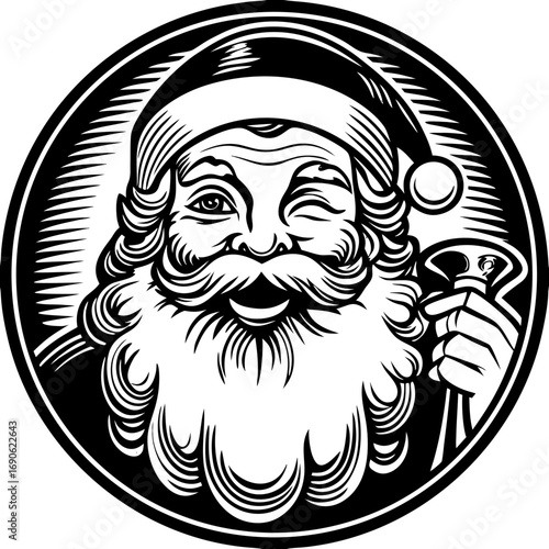 Heartwarming Santa's Gaze: A vintage style illustration of a jolly Santa Claus with a wink, capturing the spirit of Christmas with festive charm and delivering seasonal warmth