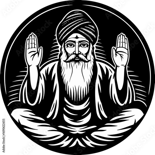 Sage in deep contemplation: A wise sage with a long beard, adorned in traditional attire, sits in peaceful meditation, his hands raised in a gesture of blessing.