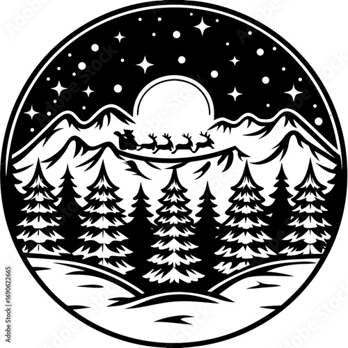 Winter Scene: A festive black and white illustration depicts a Christmas night, featuring a silhouetted Santa's sleigh pulled by reindeer soaring across a starlit sky above a mountainous landscape.