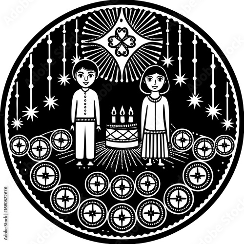 Celebratory Circle: A graphic rendering of a joyous birthday celebration, depicting two children, a cake, and festive elements.