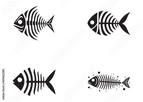 fish bone logo silhouette vector illustration, fish skeleton logo icon silhouette, fishbone silhouette swimming vector illustration, skeleton of fish vector silhouette logo design on white background