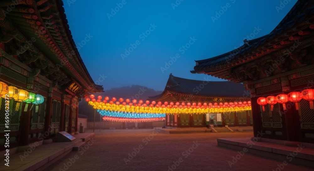 Fototapeta premium Colorful Lanterns Illuminate Traditional Korea at Night in Foggy Scene