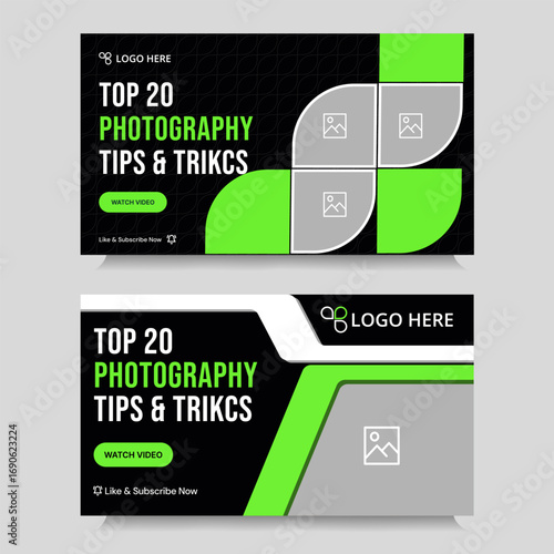 Trendy bundle photography tips and tricks video thumbnail design, customizable vector eps 10 file format