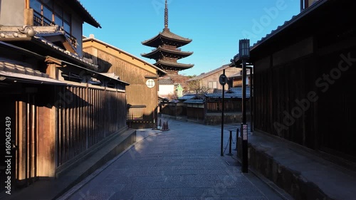Kyoto, Japan - 16.04.2014: Views of the Yasaka Pagoda rising above Kyoto's traditional streets.