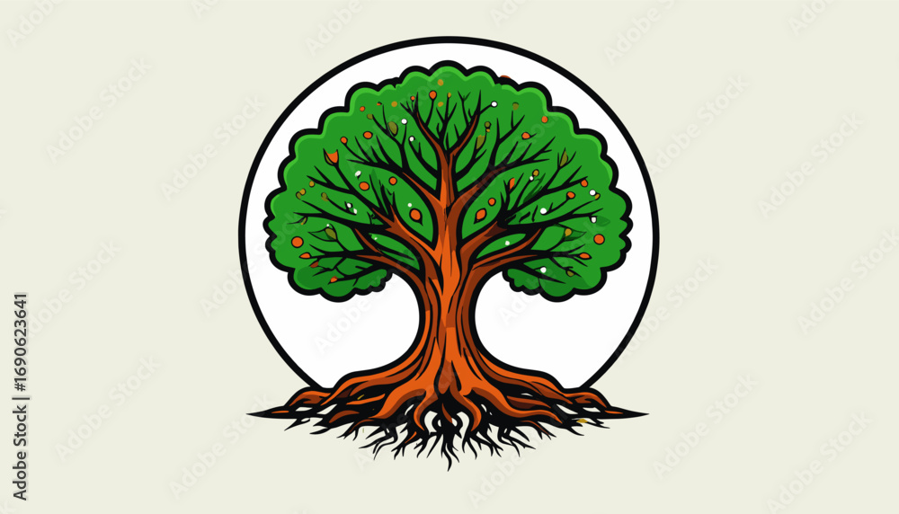 Naklejka premium Sacred tree with roots in circular emblem