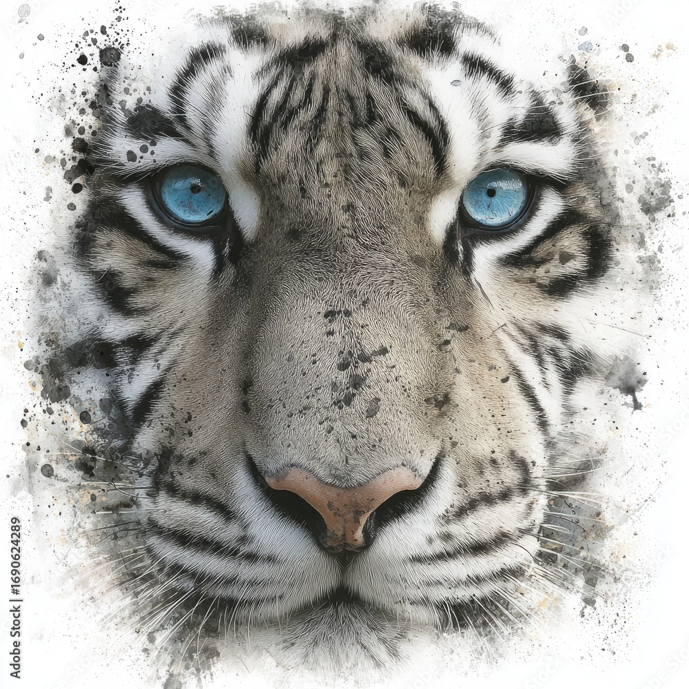 Naklejka premium A close-up portrait of a striking white tiger, showcasing its intense blue eyes and intricate coat patterns against a backdrop of textured splatters.