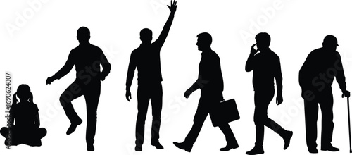 Silhouettes Representing Human Life Stages from Childhood to Old Age, Professional Growth, Aging Process, Career Journey, Identity Concept Vector