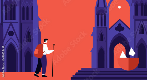 Traveler with a backpack and walking stick exploring ancient Gothic architecture, symbolizing a journey of discovery or pilgrimage. Ideal for travel, history, or spiritual content.