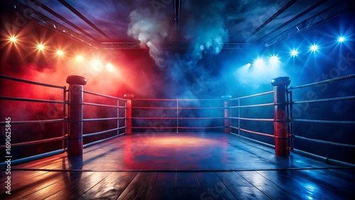 An empty boxing ring bathed in dramatic red and blue light, smoke swirling, ready for the intense battle and competition in the illuminated arena