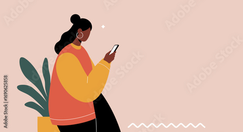 Modern woman engaging with a smartphone for communication, social media, or work, reflecting contemporary digital lifestyle and connectivity.