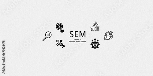 Infographics of SEM, Search Engine Marketing Concept. featuring ads, analytics, digital advertising strategy icons on white background.