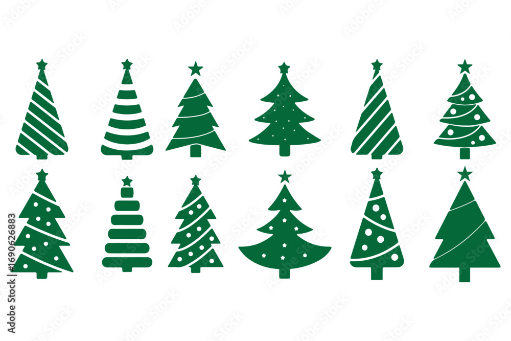 Obraz premium Christmas Tree Silhouette Vector Set, Holiday Decoration Icons, Festive Winter Symbols, Star Topped Trees, Garland Lights, Cad Drawing Flat Vector Illustration