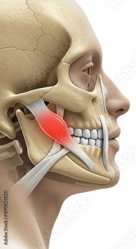 Illustration of a human skull with highlighted jaw muscles indicating pain and anatomical structures