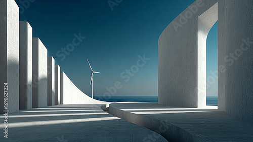 Modern architecture with wind turbine view