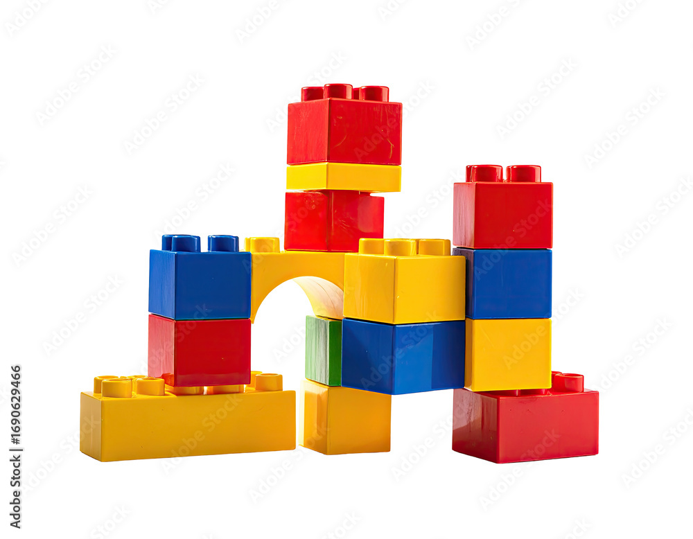 Obraz premium Colorful plastic building blocks arranged in a miniature structure, featuring red, yellow, and blue colors