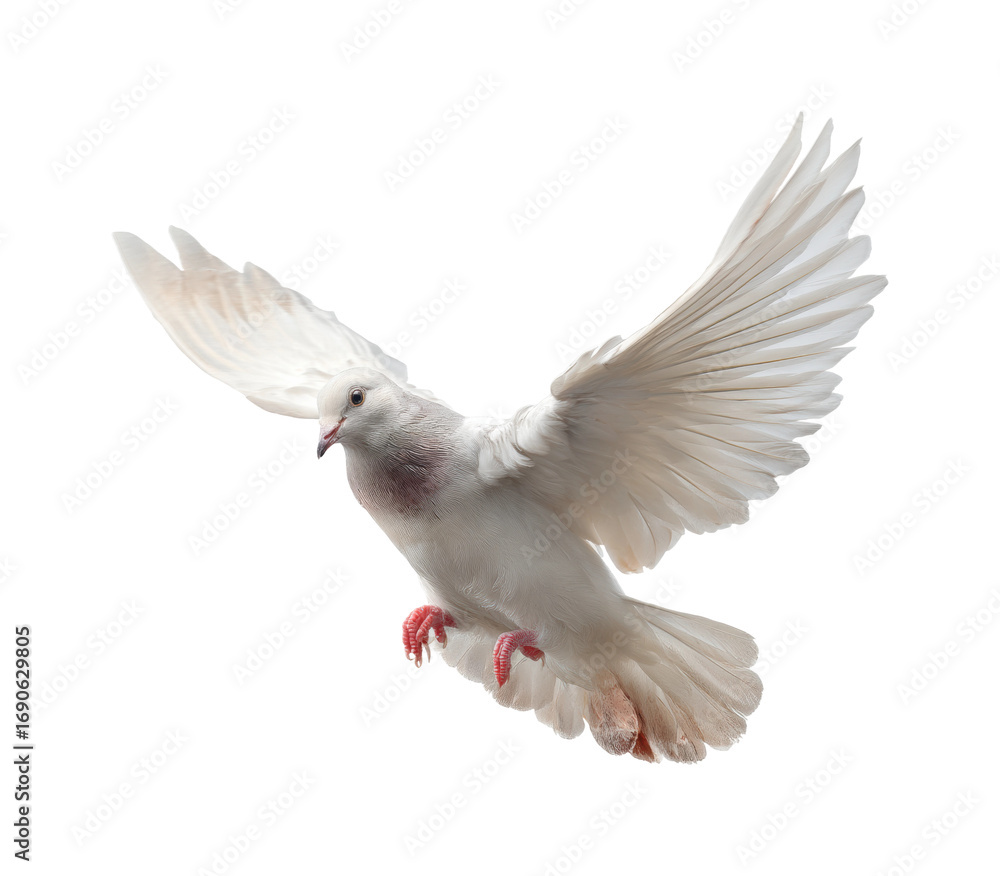 Fototapeta premium Soaring white dove in flight natural environment wildlife aerial view isolated on transparent background, png