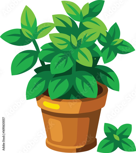 Green basil plant in a terracotta pot, perfect for kitchen decor, organic gardening, culinary herbs, healthy cooking, fresh harvest, farm-to-table themes, and natural food concepts, EPS editable