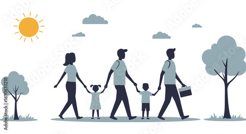 a family walking together under sunny skies with trees around