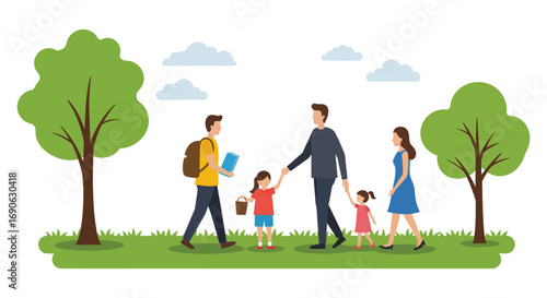 a family walking together outdoors under blue sky