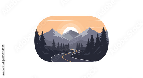 a winding road through forested mountains under sunset sky