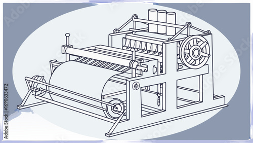 Illustration of a vintage paper printing machine with rollers and a hand crank mechanism depicted