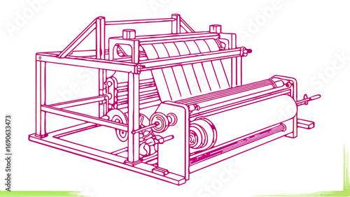 Illustration of a weaving loom machine with a complex structure and detailed components shown in pink