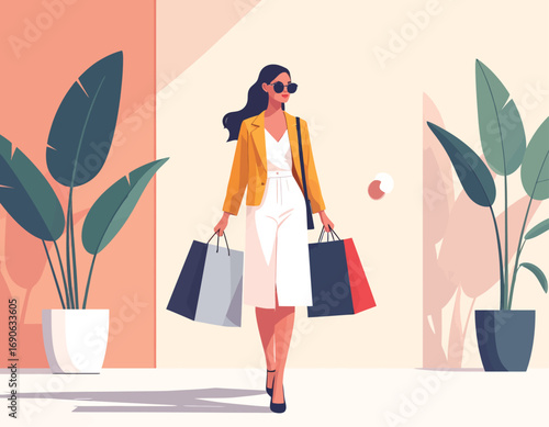Stylish woman carrying shopping bags in a modern setting.