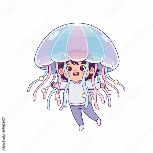 Cartoon of a child wearing a jellyfish costume, with arms outstretched, floating in the air.